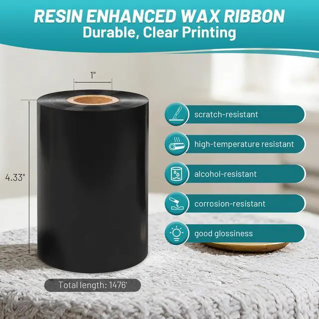 Alt view image 2 of 6 - 10 Rolls Resin Enhanced Wax Ribbon 4.33" x 1476' 1" Core Thermal Transfer | CSO Ink Outside, Barcode Label Printing, Compatible with Zebra, Sato, Datamax, TSC, GoDex, Citizen