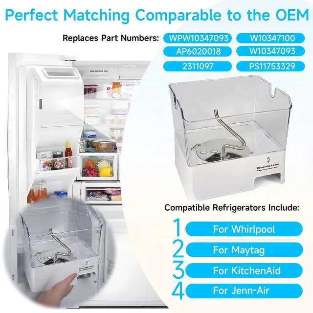 Alt view image 2 of 7 - WPW10347093 Removable Ice Bin Compatible with Whirlpool Ice Bucket Replacement, W10347093 Ice Maker Assembly for Whirlpool Refrigerator Ice Bin