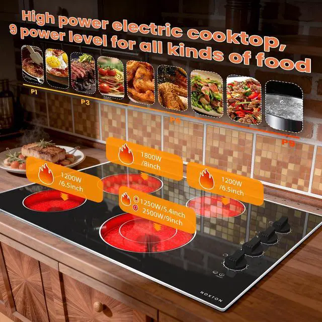 Alt view image 2 of 7 - 30 Inch Electric Cooktop, Glass Protection Metal Frame, Knob Control | Built-in Radiant Stove Top, Dual Ring Expandable Burner, 220-240V Hardwired, Perfect for Seniors, 4 Burner Ceramic Cooktop