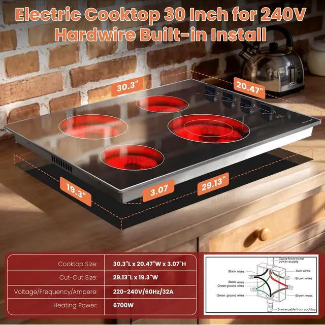 Alt view image 4 of 7 - 30 Inch Electric Cooktop, Glass Protection Metal Frame, Knob Control | Built-in Radiant Stove Top, Dual Ring Expandable Burner, 220-240V Hardwired, Perfect for Seniors, 4 Burner Ceramic Cooktop