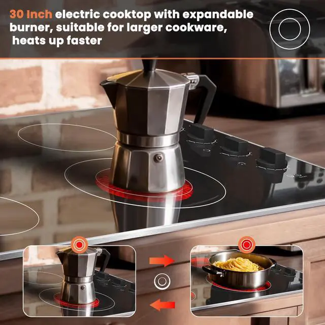 Alt view image 5 of 7 - 30 Inch Electric Cooktop, Glass Protection Metal Frame, Knob Control | Built-in Radiant Stove Top, Dual Ring Expandable Burner, 220-240V Hardwired, Perfect for Seniors, 4 Burner Ceramic Cooktop