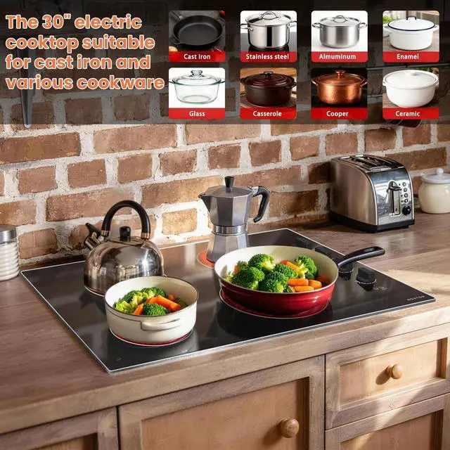 Alt view image 6 of 7 - 30 Inch Electric Cooktop, Glass Protection Metal Frame, Knob Control | Built-in Radiant Stove Top, Dual Ring Expandable Burner, 220-240V Hardwired, Perfect for Seniors, 4 Burner Ceramic Cooktop