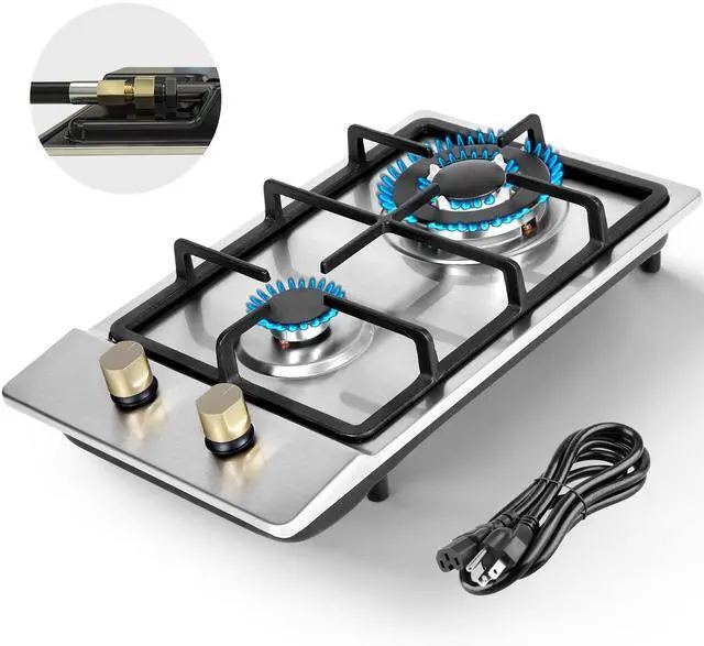 Main image of Llamaviva Gas Stove 12 Inch, Propane Cooktop 2 Burner, Portable Gas Cooktop Stainless Steel, Dual Fuel LPG/NG Convertible with Thermocouple Safety Protection