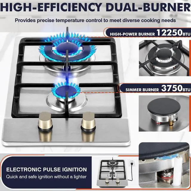 Alt view image 2 of 7 - Llamaviva Gas Stove 12 Inch, Propane Cooktop 2 Burner, Portable Gas Cooktop Stainless Steel, Dual Fuel LPG/NG Convertible with Thermocouple Safety Protection