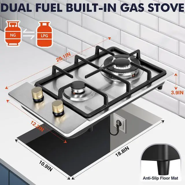 Alt view image 5 of 7 - Llamaviva Gas Stove 12 Inch, Propane Cooktop 2 Burner, Portable Gas Cooktop Stainless Steel, Dual Fuel LPG/NG Convertible with Thermocouple Safety Protection