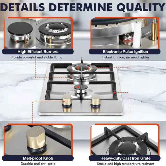 Alt view image 7 of 7 - Llamaviva Gas Stove 12 Inch, Propane Cooktop 2 Burner, Portable Gas Cooktop Stainless Steel, Dual Fuel LPG/NG Convertible with Thermocouple Safety Protection