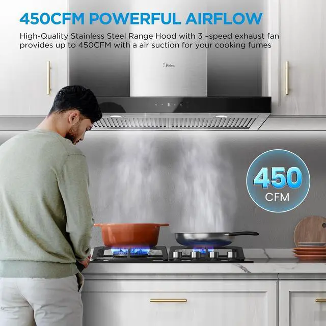 Alt view image 4 of 7 - Range Hood 30 Inch 450 CFM Wall Mount Ducted/Ductless Convertible | 3 Speed Exhaust Fan Kitchen Island Stainless Steel Gesture Sensing Touch Control Vent Hood Baffle Filters, 2 LED Lights