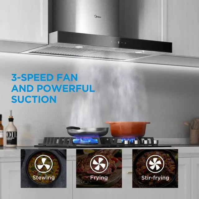 Alt view image 5 of 7 - Range Hood 30 Inch 450 CFM Wall Mount Ducted/Ductless Convertible | 3 Speed Exhaust Fan Kitchen Island Stainless Steel Gesture Sensing Touch Control Vent Hood Baffle Filters, 2 LED Lights