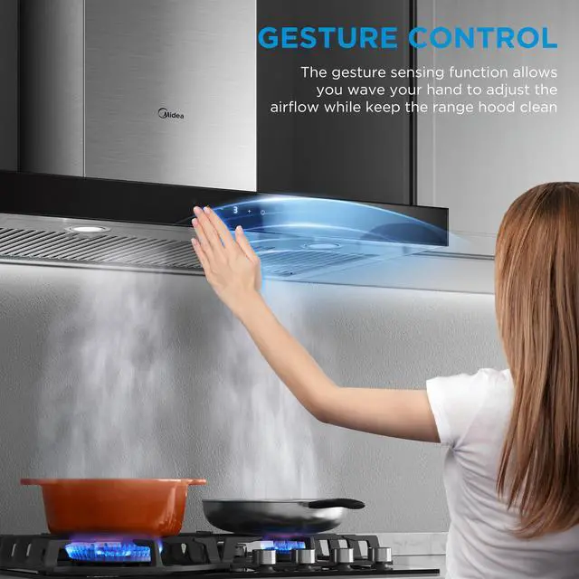 Alt view image 6 of 7 - Range Hood 30 Inch 450 CFM Wall Mount Ducted/Ductless Convertible | 3 Speed Exhaust Fan Kitchen Island Stainless Steel Gesture Sensing Touch Control Vent Hood Baffle Filters, 2 LED Lights