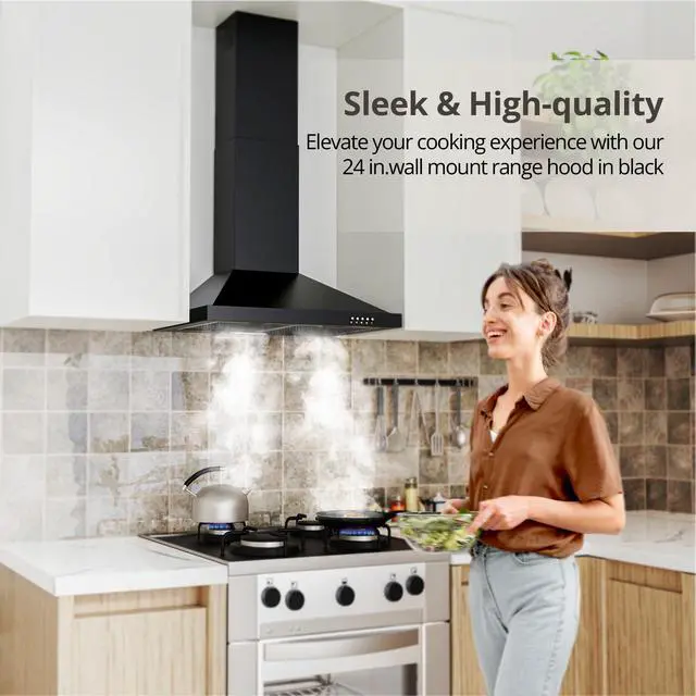 Alt view image 2 of 7 - Range Hood 24 inch Wall Mount Type with Ducted/Ductless Convertible,450 CFM Stainless Steel Chimney-Style Kitchen Hood, Over Stove Vent Hood with 3 Speed Fan,Charcoal Filters,Black