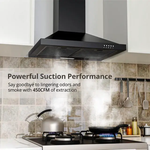Alt view image 4 of 7 - Range Hood 24 inch Wall Mount Type with Ducted/Ductless Convertible,450 CFM Stainless Steel Chimney-Style Kitchen Hood, Over Stove Vent Hood with 3 Speed Fan,Charcoal Filters,Black