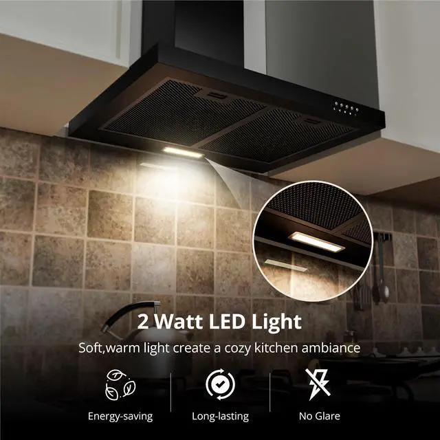 Alt view image 5 of 7 - Range Hood 24 inch Wall Mount Type with Ducted/Ductless Convertible,450 CFM Stainless Steel Chimney-Style Kitchen Hood, Over Stove Vent Hood with 3 Speed Fan,Charcoal Filters,Black