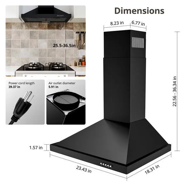 Alt view image 6 of 7 - Range Hood 24 inch Wall Mount Type with Ducted/Ductless Convertible,450 CFM Stainless Steel Chimney-Style Kitchen Hood, Over Stove Vent Hood with 3 Speed Fan,Charcoal Filters,Black