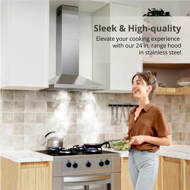 Alt view image 2 of 7 - Range Hood 24 inch Wall Mount Type with Ducted/Ductless Convertible, 450 CFM Stainless Steel Chimney-Style Kitchen Hood, Over Stove Vent Hood with 3 Speed Fan, Charcoal Filters
