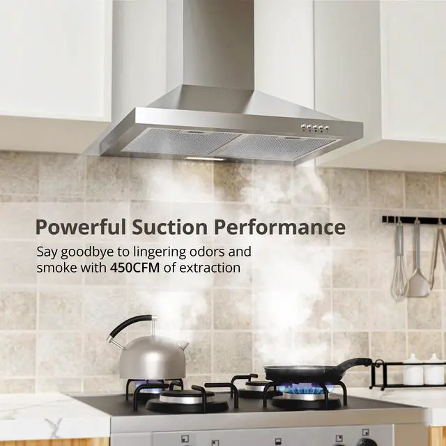 Alt view image 3 of 7 - Range Hood 24 inch Wall Mount Type with Ducted/Ductless Convertible, 450 CFM Stainless Steel Chimney-Style Kitchen Hood, Over Stove Vent Hood with 3 Speed Fan, Charcoal Filters