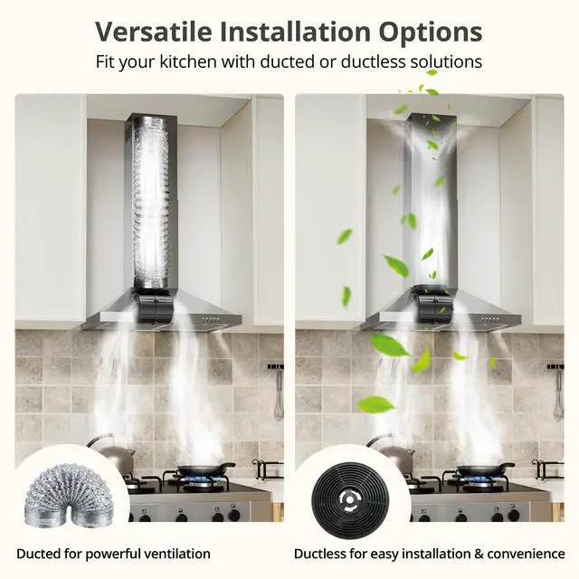 Alt view image 6 of 7 - Range Hood 24 inch Wall Mount Type with Ducted/Ductless Convertible, 450 CFM Stainless Steel Chimney-Style Kitchen Hood, Over Stove Vent Hood with 3 Speed Fan, Charcoal Filters