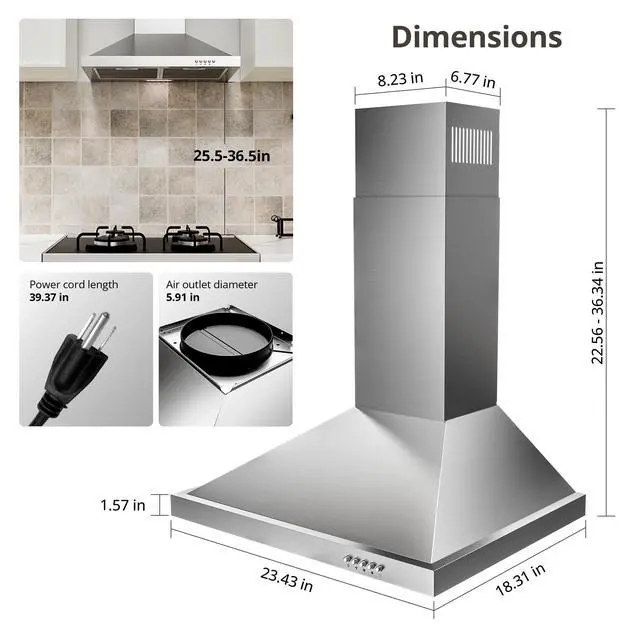 Alt view image 7 of 7 - Range Hood 24 inch Wall Mount Type with Ducted/Ductless Convertible, 450 CFM Stainless Steel Chimney-Style Kitchen Hood, Over Stove Vent Hood with 3 Speed Fan, Charcoal Filters