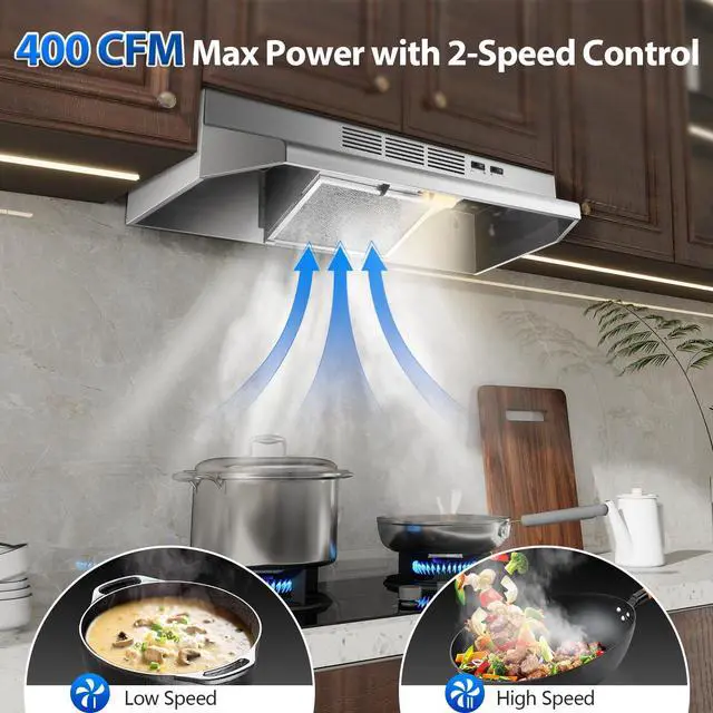Alt view image 2 of 7 - 30 inch Range Hood Under Cabinet, 400 CFM Ducted/Ductless Convertible Vent Hood with 2 Speed Exhaust Fan, Rocker Switch Control, Multiple Venting Options, Stainless Steel Kitchen Stove Hood