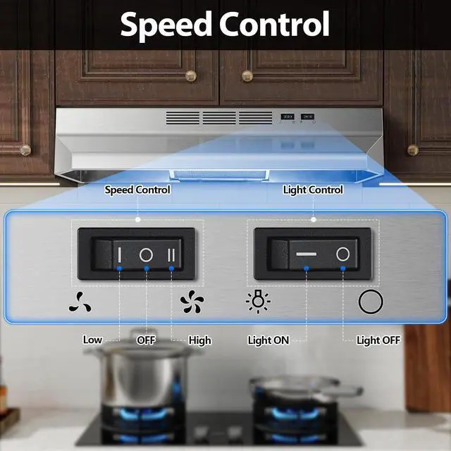 Alt view image 3 of 7 - 30 inch Range Hood Under Cabinet, 400 CFM Ducted/Ductless Convertible Vent Hood with 2 Speed Exhaust Fan, Rocker Switch Control, Multiple Venting Options, Stainless Steel Kitchen Stove Hood