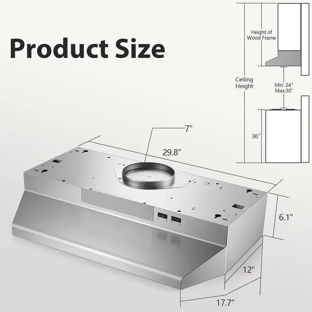 Alt view image 5 of 7 - 30 inch Range Hood Under Cabinet, 400 CFM Ducted/Ductless Convertible Vent Hood with 2 Speed Exhaust Fan, Rocker Switch Control, Multiple Venting Options, Stainless Steel Kitchen Stove Hood