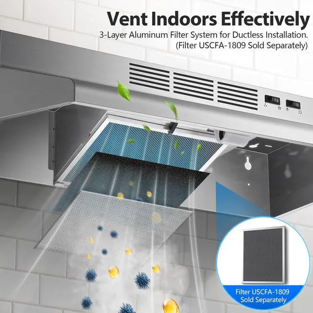 Alt view image 6 of 7 - 30 inch Range Hood Under Cabinet, 400 CFM Ducted/Ductless Convertible Vent Hood with 2 Speed Exhaust Fan, Rocker Switch Control, Multiple Venting Options, Stainless Steel Kitchen Stove Hood