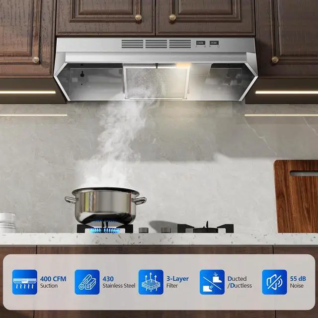 Alt view image 7 of 7 - 30 inch Range Hood Under Cabinet, 400 CFM Ducted/Ductless Convertible Vent Hood with 2 Speed Exhaust Fan, Rocker Switch Control, Multiple Venting Options, Stainless Steel Kitchen Stove Hood