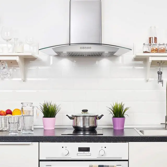 Alt view image 2 of 7 - 30 in. Vista Coll 380 CFM Ducted Wall Mount Range Hood LED, Stainless Steel | COS-668A750 Push Button Controls, 3 Fan Speeds, Glass Visor, Permanent Dishwasher-Safe Baffle Filters