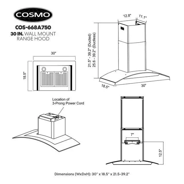 Alt view image 5 of 7 - 30 in. Vista Coll 380 CFM Ducted Wall Mount Range Hood LED, Stainless Steel | COS-668A750 Push Button Controls, 3 Fan Speeds, Glass Visor, Permanent Dishwasher-Safe Baffle Filters