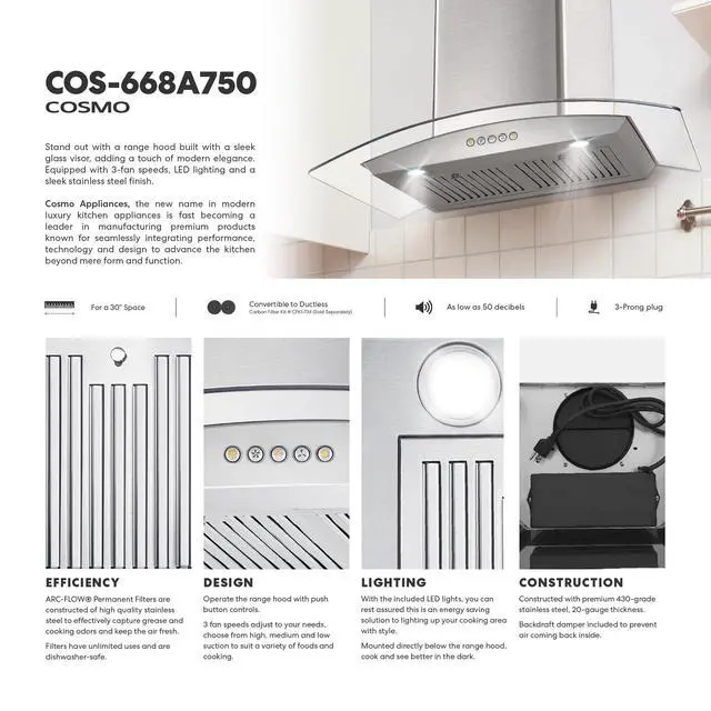 Alt view image 3 of 7 - 30 in. Vista Coll 380 CFM Ducted Wall Mount Range Hood LED, Stainless Steel | COS-668A750 Push Button Controls, 3 Fan Speeds, Glass Visor, Permanent Dishwasher-Safe Baffle Filters