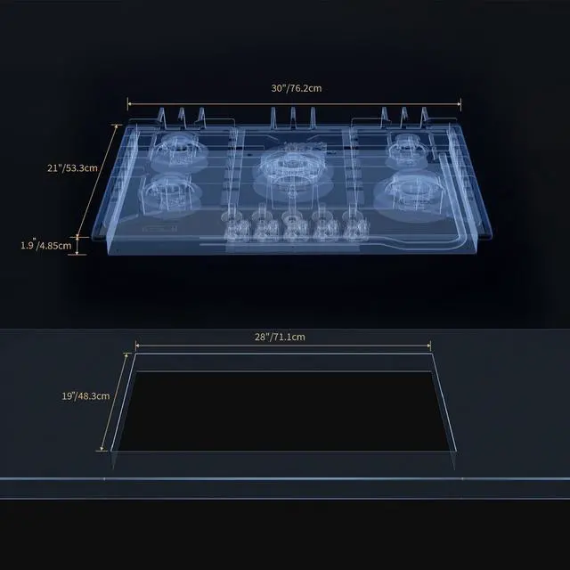 Alt view image 7 of 7 - 30 Inch Built-in Gas Cooktop with 5 Sealed SABAF Burners | Stainless Steel Surface, LPG/NG Convertible, Flame Failure Protection, Dishwasher Safe Grates
