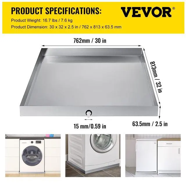 Alt view image 7 of 7 - 32 x 30 x 2.5 Inch Washing Machine Pan 18 GA Thickness Galvanized Steel Heavy Duty Compact Washer Drip Tray with Drain Hole & Hose Adapter