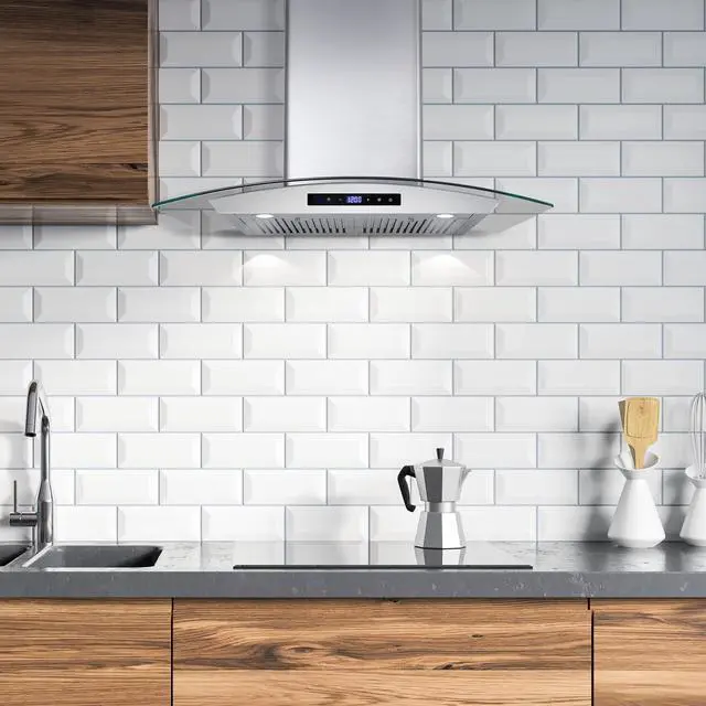 Alt view image 2 of 7 - 30 in. Vista Coll 380 CFM Ducted Wall Mount Range Hood LED, Stainless Steel | COS-668AS750 Soft Touch Controls, 3 Fan Speeds, Glass Visor, Permanent Dishwasher-Safe Baffle Filters