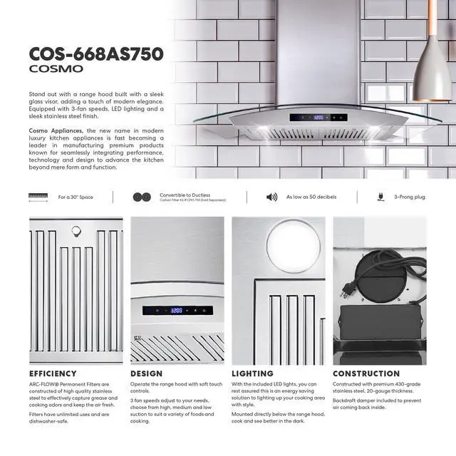 Alt view image 3 of 7 - 30 in. Vista Coll 380 CFM Ducted Wall Mount Range Hood LED, Stainless Steel | COS-668AS750 Soft Touch Controls, 3 Fan Speeds, Glass Visor, Permanent Dishwasher-Safe Baffle Filters