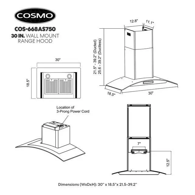 Alt view image 5 of 7 - 30 in. Vista Coll 380 CFM Ducted Wall Mount Range Hood LED, Stainless Steel | COS-668AS750 Soft Touch Controls, 3 Fan Speeds, Glass Visor, Permanent Dishwasher-Safe Baffle Filters