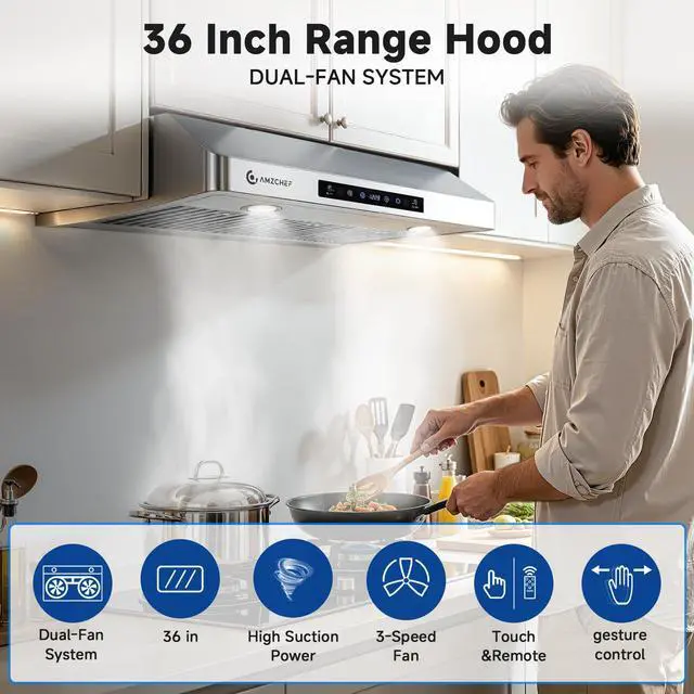 Alt view image 2 of 7 - 36" Under-Cabinet Stainless Steel Range Hood, 1050 CFM Dual-Fan System | Stainless Steel hood with Touch/Remote/Gesture Control,timer,LED lights & dishwasher-safe baffle filters 3 outlets