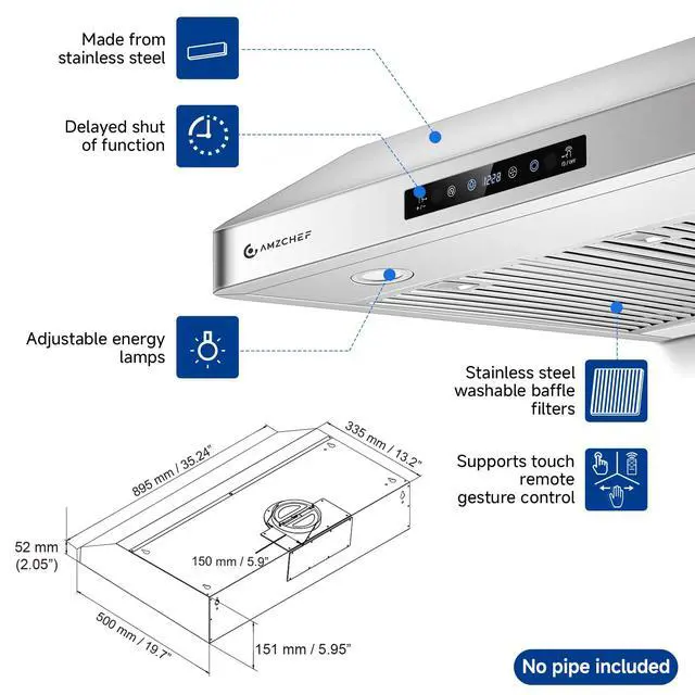 Alt view image 3 of 7 - 36" Under Cabinet Range Hood, 750 CFM Gesture & Touch Control Vent | Stainless Steel hood with Touch/Remote/Gesture Control, timer, LED lights & dishwasher-safe baffle filters 3 outlets