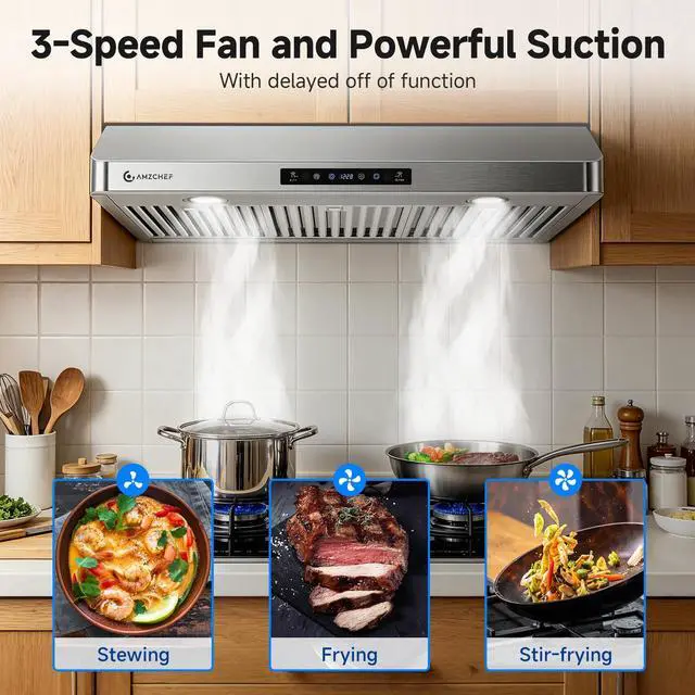 Alt view image 5 of 7 - 36" Under Cabinet Range Hood, 750 CFM Gesture & Touch Control Vent | Stainless Steel hood with Touch/Remote/Gesture Control, timer, LED lights & dishwasher-safe baffle filters 3 outlets