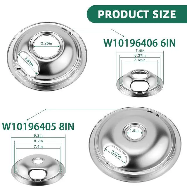 Alt view image 2 of 7 - Silver Burner Drip Pans and Stove Burners and Surface Element Receptacle | Pans W10196405(8) W10196406(6)+Burners MP15YA(6") MP21YA(8")+330031 Receptacle Compatible for Whirlpool Kenmor by