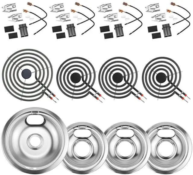Main image of Silver Burner Drip Pans and Stove Burners and Surface Element Receptacle | Pans W10196405(8) W10196406(6)+Burners MP15YA(6") MP21YA(8")+330031 Receptacle Compatible for Whirlpool Kenmor by