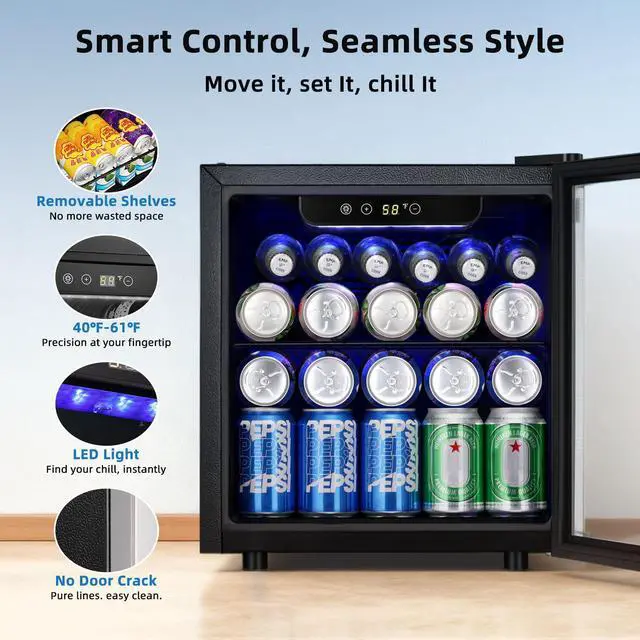 Alt view image 3 of 7 - 48 Can Beverage Refrigerator, 12 Bottle Mini Fridge with Seamless Stainless Steel Glass Door, Digital Temperature Display, Countertop Wine Cooler for Home Bar, Office, Kitchen, Silver