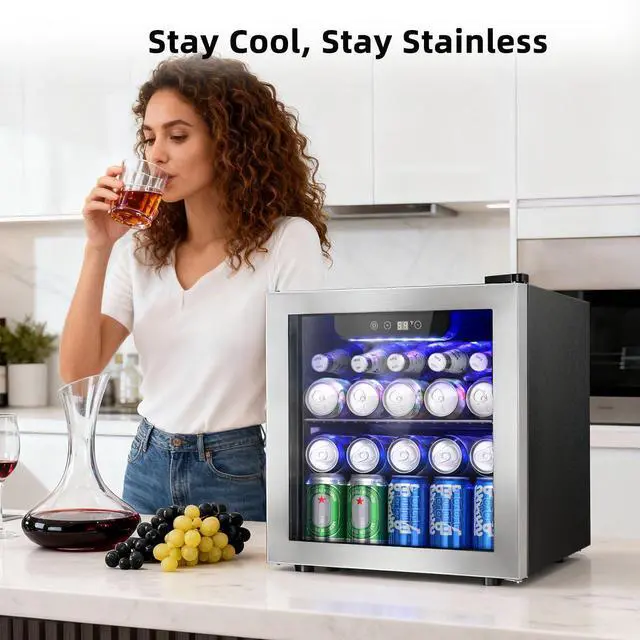Alt view image 5 of 7 - 48 Can Beverage Refrigerator, 12 Bottle Mini Fridge with Seamless Stainless Steel Glass Door, Digital Temperature Display, Countertop Wine Cooler for Home Bar, Office, Kitchen, Silver