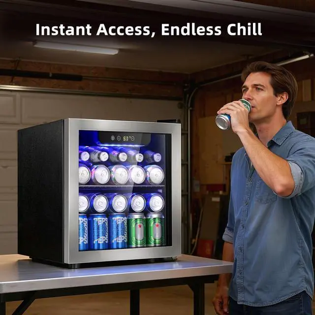 Alt view image 7 of 7 - 48 Can Beverage Refrigerator, 12 Bottle Mini Fridge with Seamless Stainless Steel Glass Door, Digital Temperature Display, Countertop Wine Cooler for Home Bar, Office, Kitchen, Silver