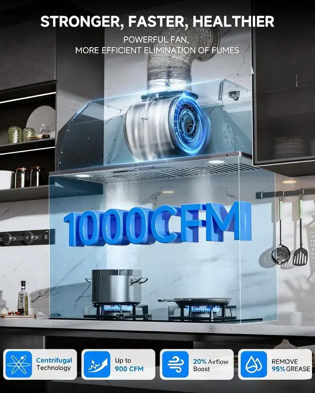 Alt view image 2 of 7 - 30 Inch Range Hood Insert 1000 CFM Built-in Kitchen Vent Hood Stainless Steel Ducted/Ductless Convertible, 3-Speed Touch Control with LED Lights and Baffle Filters for Kitchen Ventilation
