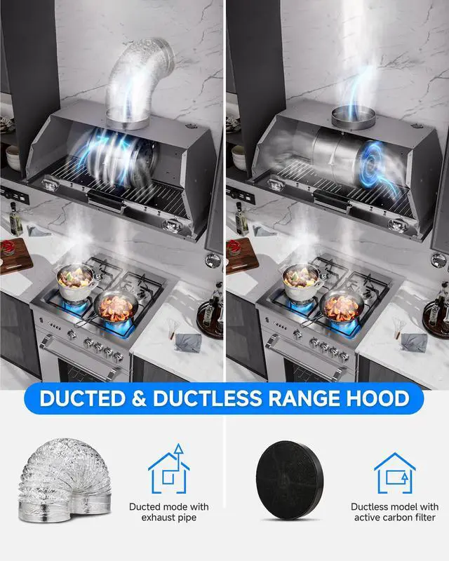 Alt view image 5 of 7 - 30 Inch Range Hood Insert 1000 CFM Built-in Kitchen Vent Hood Stainless Steel Ducted/Ductless Convertible, 3-Speed Touch Control with LED Lights and Baffle Filters for Kitchen Ventilation