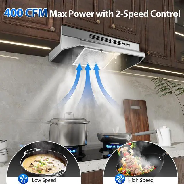 Alt view image 2 of 7 - Under Cabinet Range Hood 24 Inch, 400 CFM Stainless Steel Convertible Vent Hood with 2 Speed Exhaust Fan and Rocker Switch Control, Ducted/Ductless Kitchen Hood with Multiple Venting Options