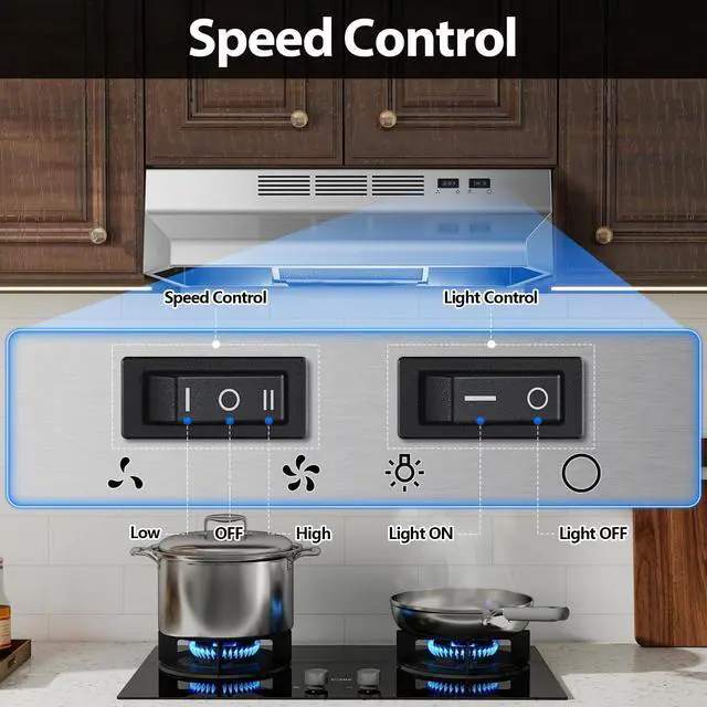 Alt view image 3 of 7 - Under Cabinet Range Hood 24 Inch, 400 CFM Stainless Steel Convertible Vent Hood with 2 Speed Exhaust Fan and Rocker Switch Control, Ducted/Ductless Kitchen Hood with Multiple Venting Options