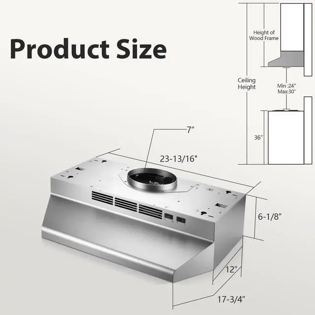 Alt view image 5 of 7 - Under Cabinet Range Hood 24 Inch, 400 CFM Stainless Steel Convertible Vent Hood with 2 Speed Exhaust Fan and Rocker Switch Control, Ducted/Ductless Kitchen Hood with Multiple Venting Options