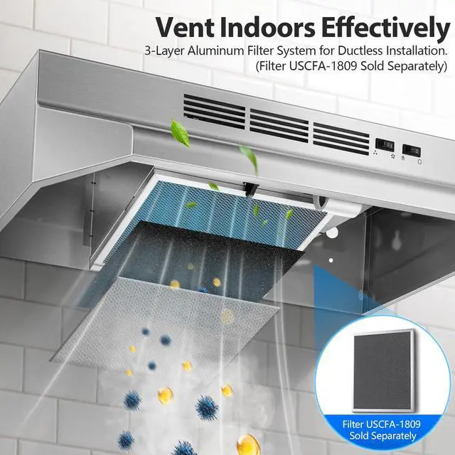 Alt view image 7 of 7 - Under Cabinet Range Hood 24 Inch, 400 CFM Stainless Steel Convertible Vent Hood with 2 Speed Exhaust Fan and Rocker Switch Control, Ducted/Ductless Kitchen Hood with Multiple Venting Options