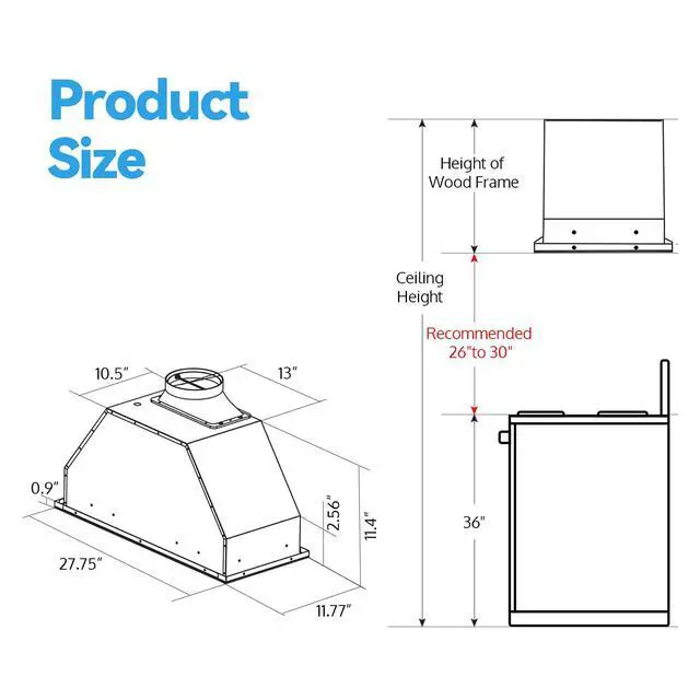 Alt view image 7 of 7 - 30 Inch Insert Range Hood, 1200 CFM with Ducted Convertible Ductless (Kit Included), 4 Speed Gesture Sensing&Touch Control Panel, Stainless Steel Kitchen Vent