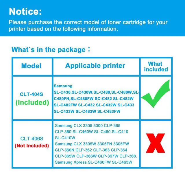 Alt view image 2 of 7 - Compatible Toner Cartridge Replacement for Samsung CLT-404S CLT-K404S CLT-C404S CLT-M404S CLT-Y404S SL-C430 SL-C430W SL-C480 SL-C480W SL-C480FN SL-C480FW SC-C482 SL-C482W SL-C482FW SL-C432 (KCMY)